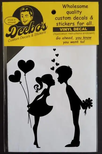 Cartoony romantic boy and girl kissing with hearts and flowers decal