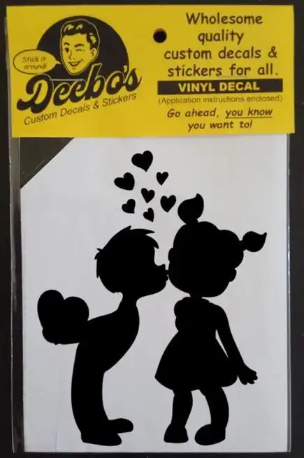 Small boy kissing small girl with floating hearts decal
