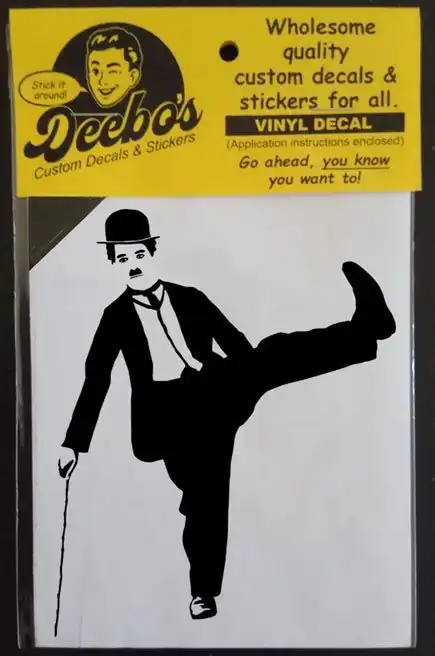 Charkie Chaplin with cane balancing on one leg with hat decal