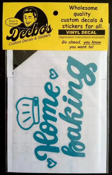 Home Baking text with a chef hat and hearts decal