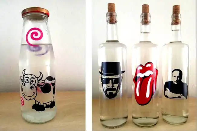 bottles with legend decals depicting walter white, the rolling stones and tony soprano