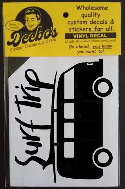 Surf Trip decal featuring a VW Kombi with a surfboard on roof decal